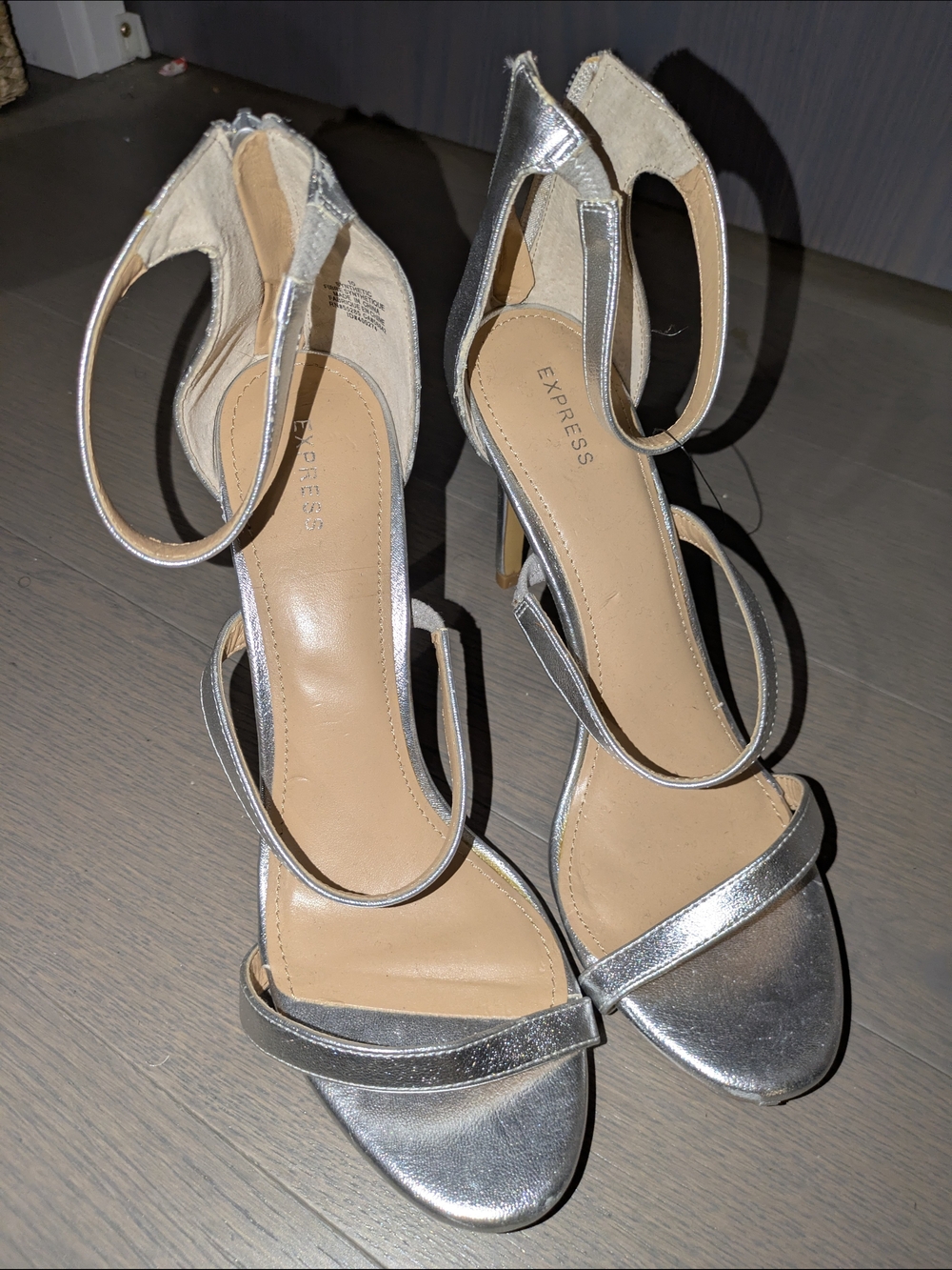 Express Silver Metallic Ankle-Strap High Heels